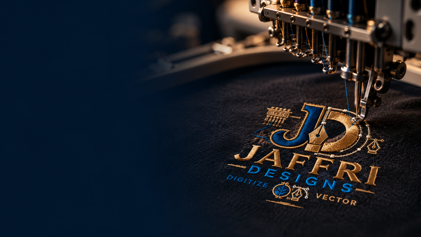 Embroidery machine stitching the Jaffri Designs logo onto fabric